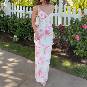 <b>Tie</b> Backless Floral Print Spaghetti Strap Long Dress French Elegant Vacation Style Sexy Romantic Dress - Product Image 2
