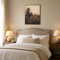 Peinture sur toile encadrée grand format, paysage tonaliste de jardin de roses vintage, art mural moderne décoratif de luxe doré pour chambre à coucher