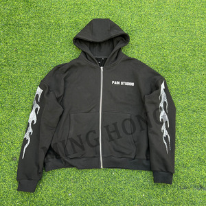Fabricant de pulls personnalisés en éponge française à manches imprimées, sweat à capuche zippé Boxy pour hommes - Product Image 1