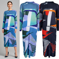 Robe plissée sur mesure imprimée pour femme, style Miyake, plis accordéon, imprimé abstrait, manches longues, OEM ODM, vente en gros, usine, nouveauté