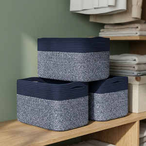 Modern Rectangle Rope Storage <b>Baskets</b> with Handles <b>Stackable</b> for Multi-Purpose Neatening Use Navy Blue and Gray - Product Image 2