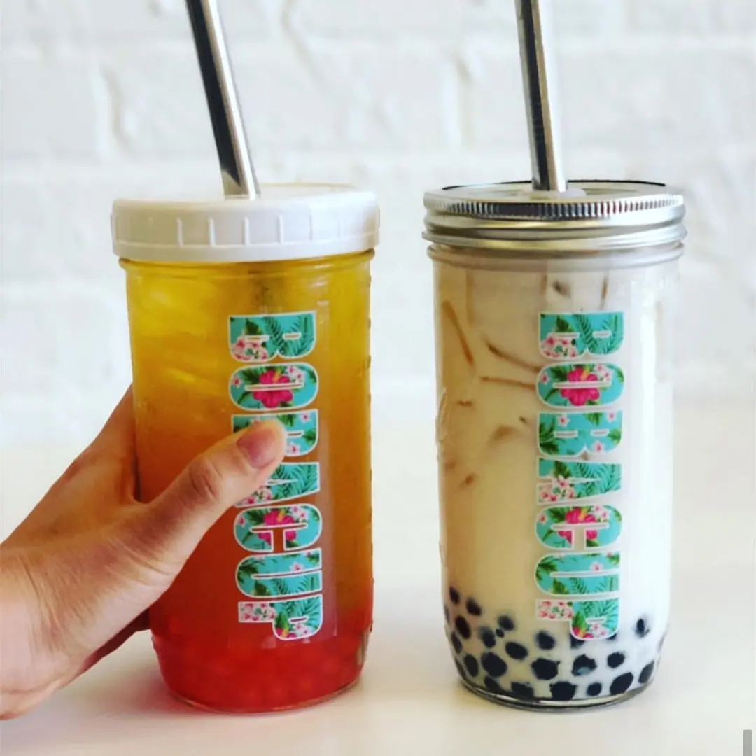 โหลแก้วและขวดสำหรับใส่ชาและนม Boba,ขวดเปล่าแบบปากกว้างขนาด16ออนซ์20ออนซ์24ออนซ์สามารถนำกลับมาใช้ใหม่ได้พร้อมฝาปิดและหลอด