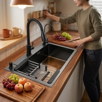 Fregadero de Cocina Minimalista Moderno de Acero Inoxidable, Recubierto con Nanotecnología de Diamante Negro, de Gran Tamaño y un Solo Tazón, para Hogar y Restaurante