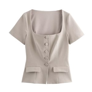 SHENZHU femmes 2024 automne nouvelle mode poche décoration Blouses Vintage à manches courtes femmes chemises <span class=keywords><strong>Chic</strong></span> haut - Product Image 2