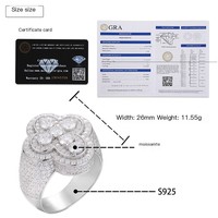 Bague pour homme style Hip Hop en argent sterling 925 avec moissanite de laboratoire, plaqué or 18 carats, sertissage à griffes, certifiée par un tiers