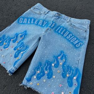 Custom Print Logo Cut Edge Denim 3D Print Rhinestone Raw Hem Straight Woven Summer Casual Distressed Streetwear Jean Shorts - Product Image 2