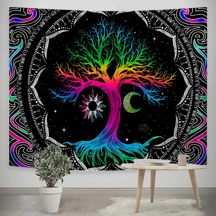 Tapiz fluorescente colorido del árbol de la vida para colgar en la pared, tapiz tejido personalizado con luz negra
