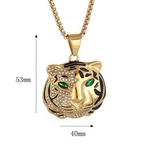 Collier pendentif tête de tigre en acier inoxydable plaqué or et argent avec yeux verts et strass, bijoux hip hop unisexes - Product Image 5