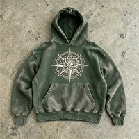 Rose Compass Heavyweight Acid Wash Hoodie Geometric Floral Print Pullover Sweatshirt Green Sun Faded Distressed Streetwear