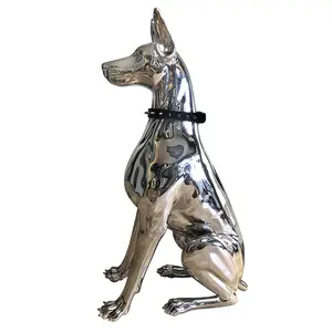 Estatua de perro de arte grande de resina, Doberman Pinscher galvanizado de plata moderna, decoración de lujo para el hogar