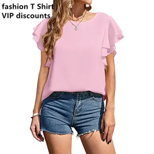 Free sample Size 2XL Womens Casual Crew Neck Chiffon Tops Double Ruffle Short Sleeve Loose T-Shirt Blouse