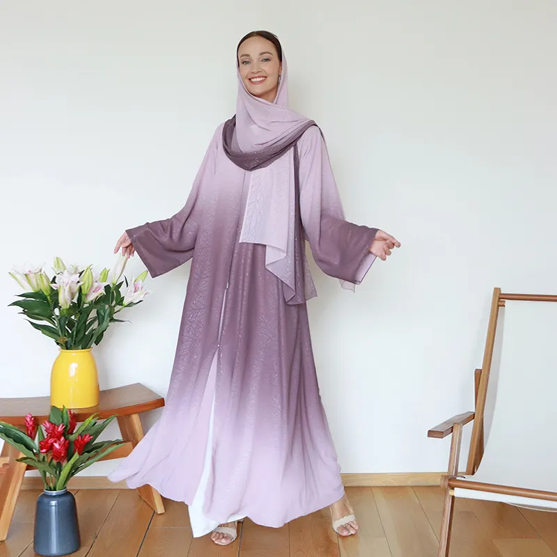 Gradient glitter chiffon fabric muslim dubai abaya 2 layers elegant chiffon fabric muslim dubai abaya
