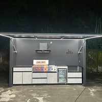Cuisine extérieure moderne sur mesure, îlot BBQ, armoires modulaires en acier inoxydable, grill, évier, four à pizza, rangement pour vin, patio de luxe