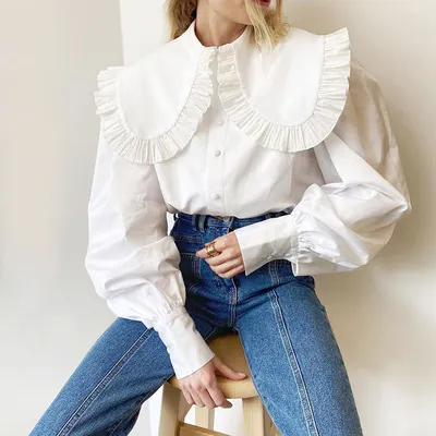 2021 Woman Long Lantern Sleeve Doll Collar Cotton White Blouse Shirts For Spring Summer