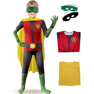 Boys Red Green Jumpsuit Bodysuit Cape Cosplay Outfit Halloween Superhero Costume