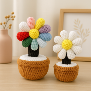 Ornement en peluche de fleur de marguerite fait main, inspiré de GD, tricoté arc-en-ciel, en pot, décoration de bureau douce, cadeau - Product Image 1