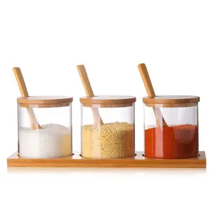 Kitchen Spice Jar Set Condiment Container Seasoning Box Pots 3pcs Glass Spice Jar Set With Natural Wooden Lid And Bottom Tray