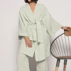 Produttore di indumenti da notte personalizzati Lady Fall pigiama oversize Cotton Robe top set di pantaloni a gamba larga Plus Size garza cotone Loungewear