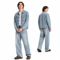 Ensemble de costume vintage en denim léger tricoté pour homme, veste à fermeture à boucle chinoise et pantalon large, style streetwear