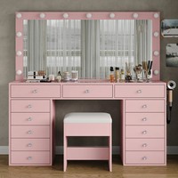 Grande coiffeuse antique pour femme avec plateau en verre, éclairage et miroir LED, ensemble de coiffeuse de luxe en cristal rose