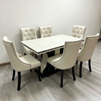 Ensemble de table et chaises de salle à manger en bois massif minimaliste moderne avec plateau en marbre, forme rectangulaire, finition noire, 6 places, assemblage requis