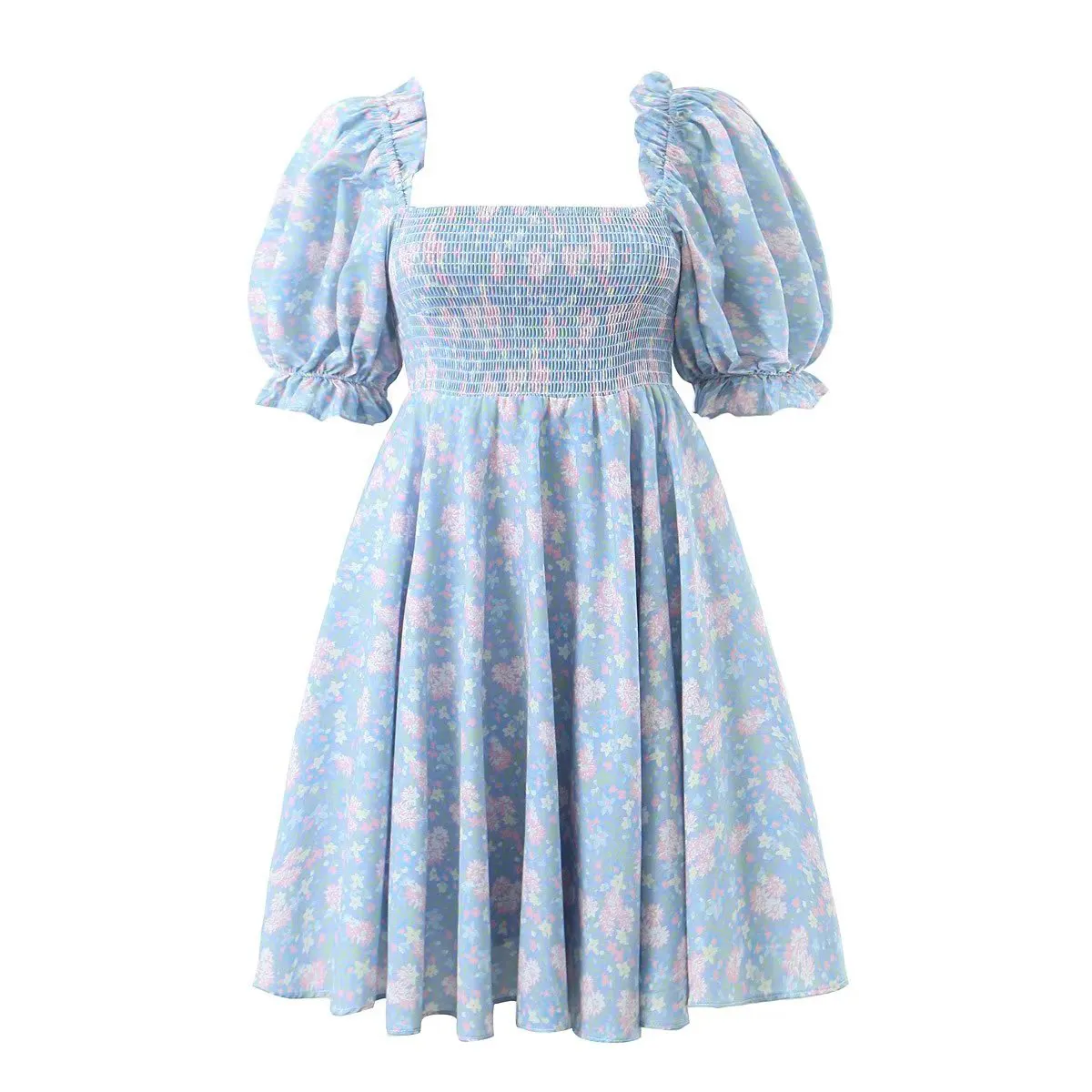 Wholesale 2023 Summer Bubble Sleeve Girl Dress Cotton Chest Elastic Purple Floral Print Dress Short