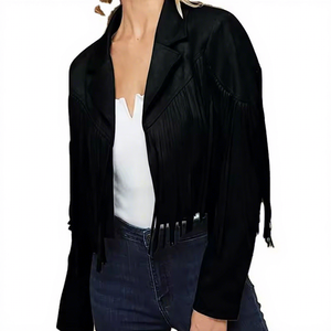 Womens Real Black Suede Leather <b>Jacket</b> Fringe Tassels Lapel Collar Sheepskin <b>Western</b> Cowgirl Coat Custom Vintage Winter Outer - Product Image 1
