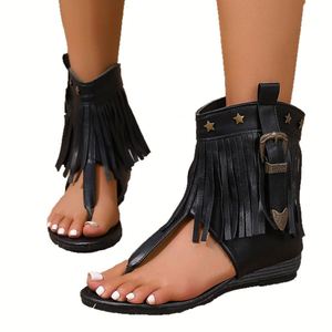 Plus Size <b>Flat</b> Tassel slip on Flip Flops Women Fashion Roman Western Style Fish Toe <b>Sandals</b> Soft Sole Non slip Breathable - Product Image 1