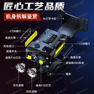 Mini linterna frontal LED portátil de 15W con alcance de 200-500M para pesca, ciclismo nocturno y correr con niveles de intensidad regulable. - Product Image 4
