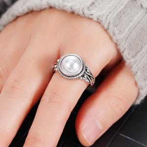 T0851 <b>Pearl</b> <b>Ring</b> 925 Silver Round White AAA Cocktail Wedding Bezel Setting Women's - Product Image 3