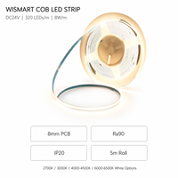 Bande LED COB haute densité WISMART DC24V 320LEDs/m 8mm 8W/m CRI90 IP20 Rouleau de 5m 2700K 3000K 4000K 6500K Lumière linéaire flexible