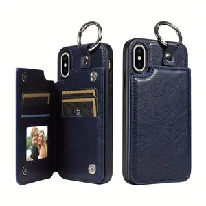 Wallet trường hợp đối với iPhone 15 14 13 12 11pro Max với chủ thẻ PU Leather Nhẫn đứng khe cắm đôi từ Clasp chống sốc Bìa