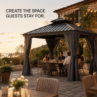 Gazebo à toit rigide avec rideaux et moustiquaire, structure en aluminium, doté d'un toit rigide permanent, idéal pour les projets de concessionnaires et de entrepreneurs
