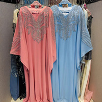 Kaftan Abaya de Luxe Fait Main avec Strass, Col en V, Manches Chauve-Souris, Coupe Ample, Robe Longue de Soirée Musulmane, Tenue Islamique pour Femmes, Idéale pour l'Aïd