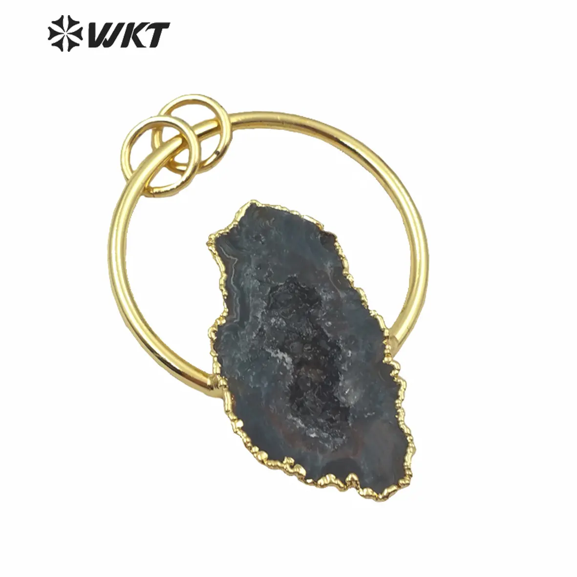 WT-P1455 Grosir Liontin Batu Akik Geode Druzy Alami dengan Lingkaran Emas Ornamen Kalung Wanita