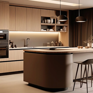 Meubles d'îlot de cuisine noir mat, design de cuisine moderne minimaliste, étagères ouvertes, sièges de bar, amplement de rangements - Product Image 3