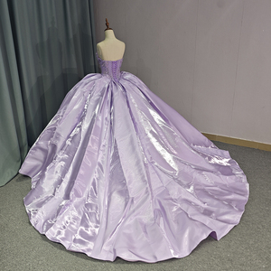 Robe de bal longue en satin lilas, épaules dénudées, taille naturelle, avec appliques en dentelle et cristaux, pour Quinceañera et anniversaire, 1237 - Product Image 2
