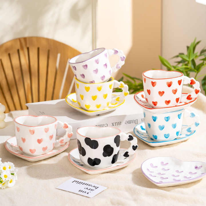 Hand-Painted Pink Heart Ceramic Cup Saucer Set Creative Vintage Retro Classic Retro Fresh Small Fresh Water Cup
