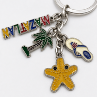 Porte-clés décapsuleur souvenir de voyage personnalisé Mazatlan, plaqué argent, multi-breloques rectangulaires émaillées (palme, étoile de mer, tongs)