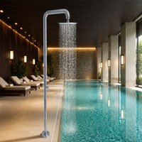 Ducha de lluvia exterior independiente de metal pulido con brazo de 90 grados, cabezal redondo, montaje en suelo, monomando, venta al por mayor de fábrica