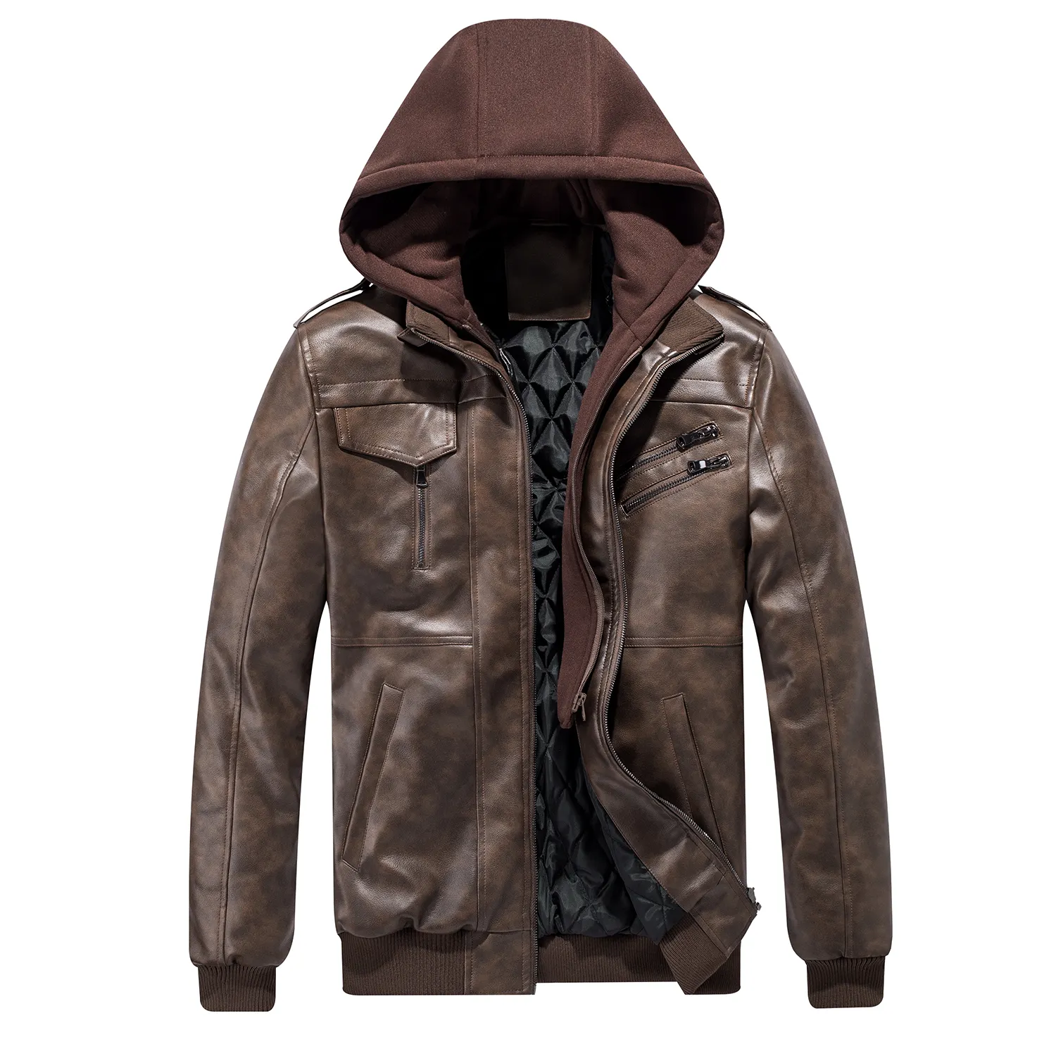 High Quality PU Leather Detachable Knitted Hat Outdoor Lather Jacket Mens with Warm Pockets