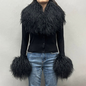 Jancoco Wholesale Custom Cropped Knitwear Pullover Luxury Knitted Wool <strong>Sweater</strong> Women with Real Fluffy Mongolian Fur Collar Cuffs - Product Image 1