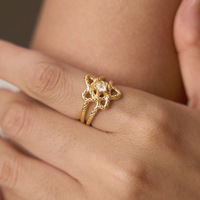 X&L Delicate Hollow Flower Star ZIRCON Open Cuff Ring 18K Gold Plated Stainless Steel Tarnish Free Sweet Daily Jewelry for Women