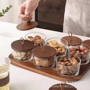Wooden Compartmentalized <b>Storage</b> <b>Tray</b> With Glass Jars For Nuts Candy And Seeds Rectangle Shape Covered Design 4 7 Compartments - Product Image 4