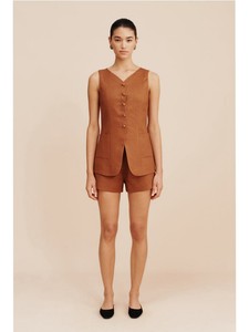 Women's <b>Old</b> Money Style Linen Square Neck Vest A-Line Shorts, Slimming Sleeveless Cropped Top Two-Piece Set - Product Image 3
