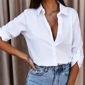 Solid White Blouse Women Shirt Tops Solid Color Buttons Long Sleeve V-Neck Loose Casual Shirt