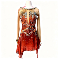 Robe de patinage artistique à manches longues en maille dégradée rouge, entièrement ornée de strass, dos croisé, jupe asymétrique, costume de compétition de danse sur glace