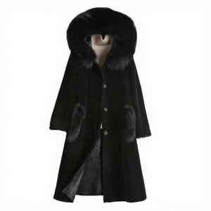 Elegant Long Winter <b>Coat</b> With <b>Fur</b> <b>Hood</b> And Pockets Thick Wool Blend Outerwear For <b>Women</b> Warm Button Closure Solid <b>Black</b> - Product Image 1
