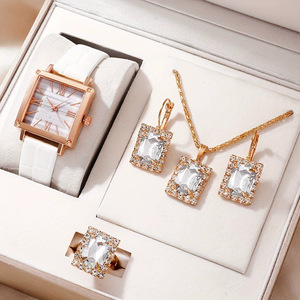 Ensemble de bijoux de haute qualité plaqué or avec zircon, comprenant montre, boucles d'oreilles, collier et bague, pour femme, idéal pour cadeau de fiançailles, fête, vente en gros - Product Image 2