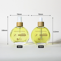 Botol Serum Kaca Desain Baru 50ml, Botol Perawatan Kulit Bulat Pipih, Kemasan Bambu, Botol Minyak Rambut Kaca 1.7oz dengan Pipet